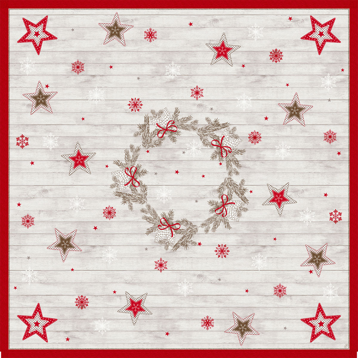 Die Dunicel-Mitteldecke 84x84cm Cozy Winter von Duni GmbH zeigt einen Kranz aus Zweigen und roten Schleifen, mit roten und beigen Sternen und Schneeflocken auf hellem Holzgrund. Ideale Festtagsdekoration, erhältlich in Packungen mit 20 Stück.