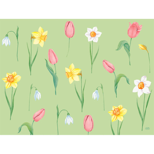 Verschönern Sie Ihren Tisch mit den Duni GmbH Papier-Tischsets 30x40cm Frühlingsmelodie (250 Stück), geschmückt mit aquarellierten Frühlingsblumen - rosa Tulpen, gelbe Narzissen, weiße Narzissen und Schneeglöckchen auf hellgrünem Hintergrund.