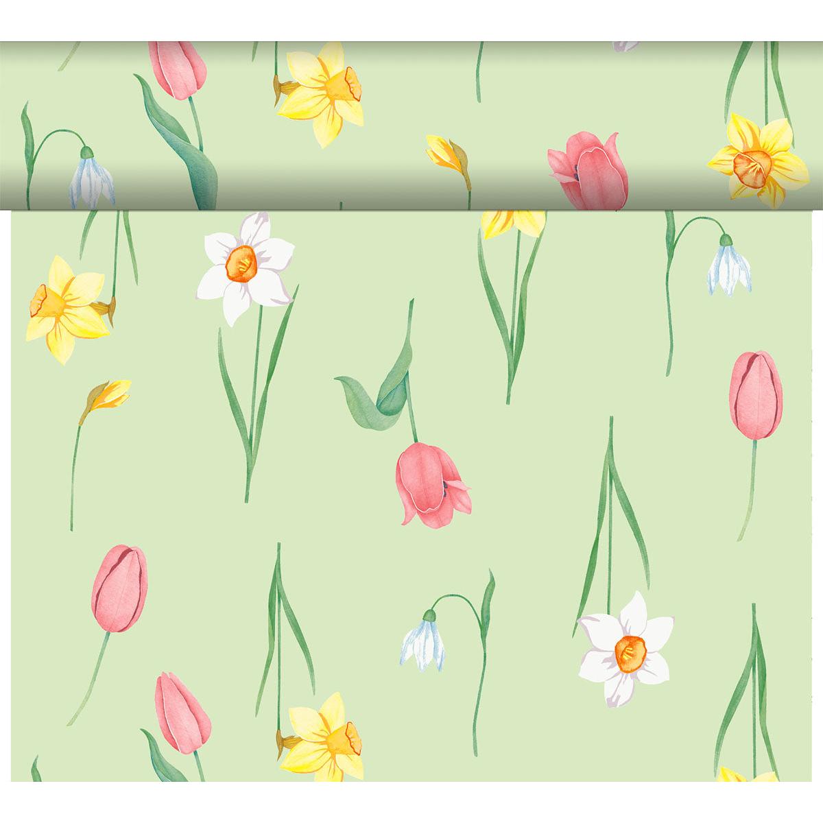 Das Bio-DC-Tete a Tete 0,4x24m der Duni GmbH ist eine hellgrüne Tapete, die mit rosa, gelben und weißen Tulpen, Narzissen und Schneeglöckchen verziert ist - eine nachhaltige Dekoration für Ihren Raum.