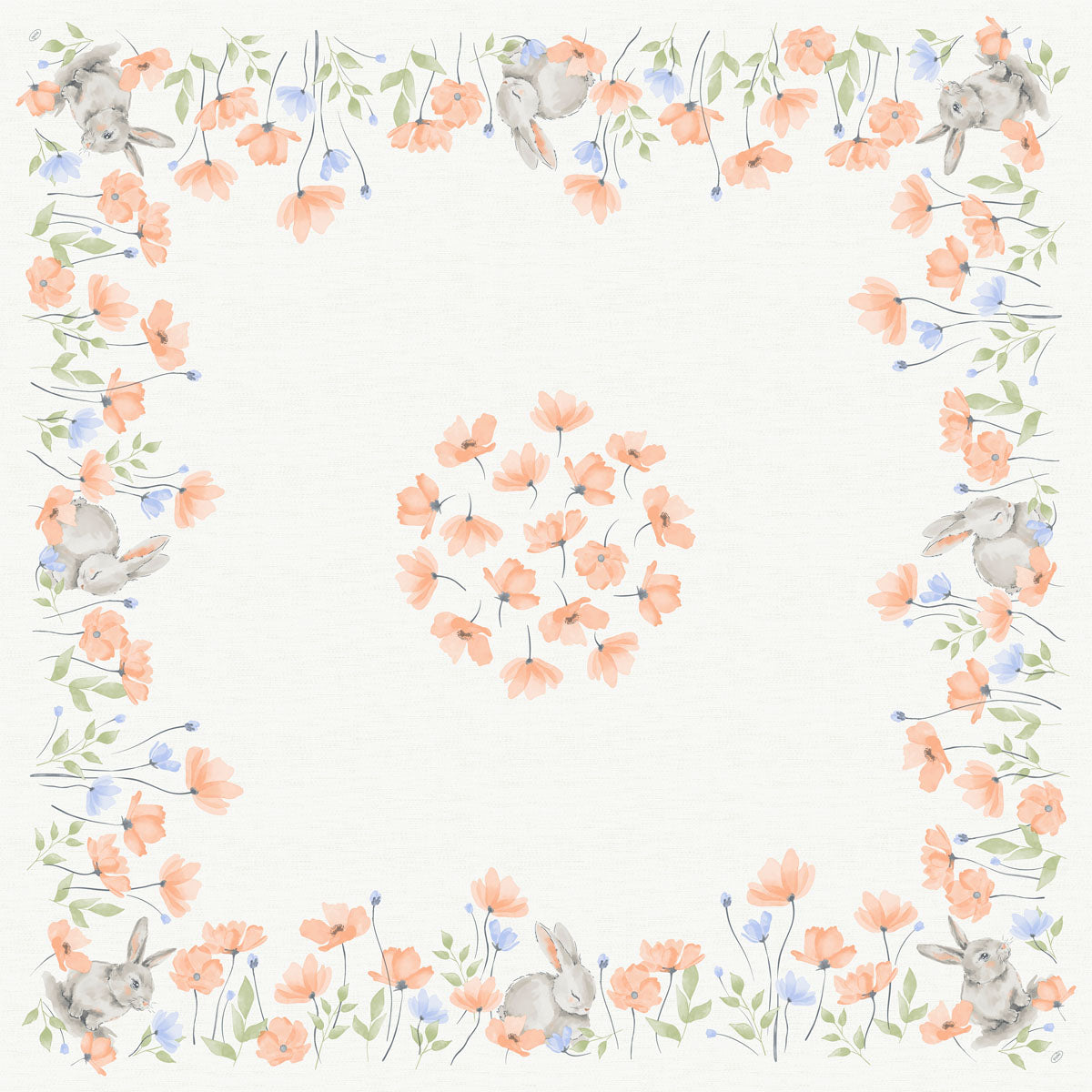 Quadratisches Bio-Dunicel-Mitteld.84x84 Bunny Bloom von Duni GmbH: mit orangefarbenen und blauen Blumen, grünen Blättern, vier Kaninchen in der Ecke und einem kreisförmigen Blumenmuster in der Mitte auf einem leichten, biologisch abbaubaren Hintergrund. Packung (20 Stück).