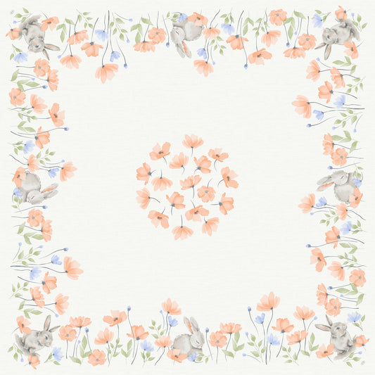 Quadratisches Bio-Dunicel-Mitteld.84x84 Bunny Bloom von Duni GmbH: mit orangefarbenen und blauen Blumen, grünen Blättern, vier Kaninchen in der Ecke und einem kreisförmigen Blumenmuster in der Mitte auf einem leichten, biologisch abbaubaren Hintergrund. Packung (20 Stück).