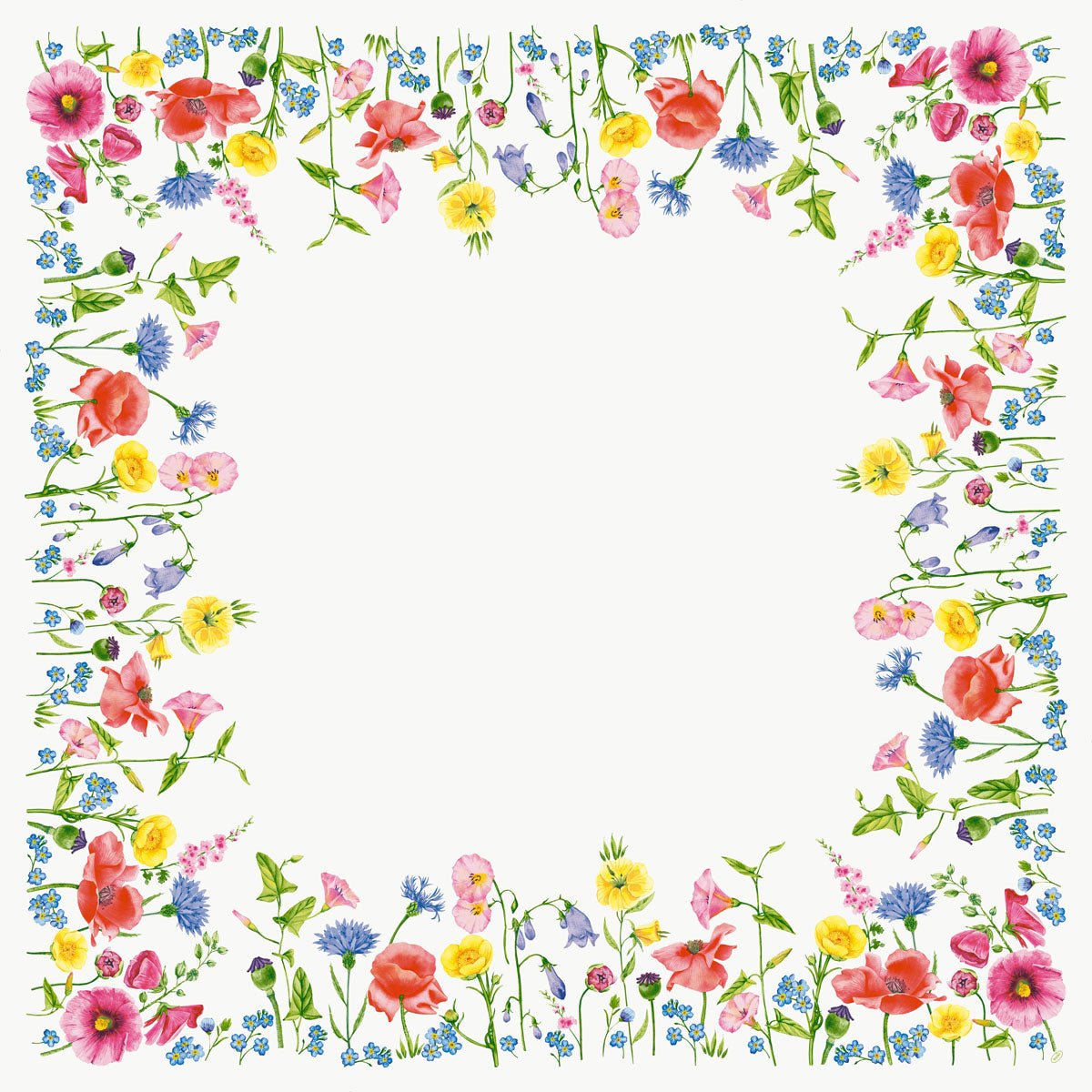 A rectangular border with colorful wildflowers in the Flowy Meadow design by Duni GmbH frames an open area, ideal for the eco-friendly Bio-Dunicel-Mitteld.84x84 Flowy Meadow 20P. | Package (20 pieces) with vibrant elegance.