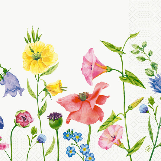 Illustration von bunten Wildblumen in einem Flowy Meadow Design mit grünen Stängeln auf Weiß, dezent umrandet-ideal für Duni GmbH Serv.40x40 3lg 1/4 Flowy Meadow 250P. | Packung (250 Stück) hochwertige Papierservietten.
