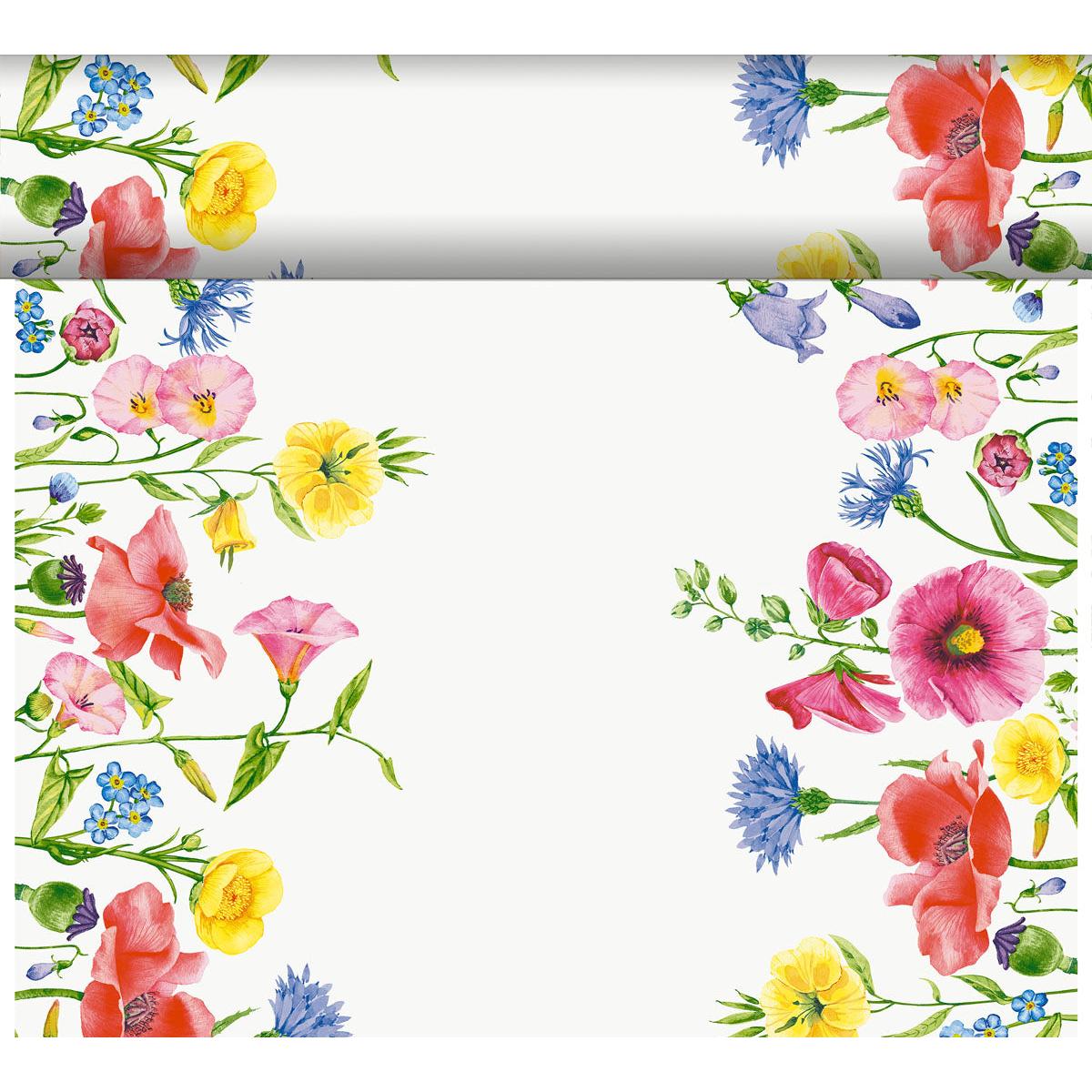 Blumen im Aquarellstil umrahmen ein weißes Rechteck - perfekt für Notizen oder Einladungen. Schön und ideal für nachhaltige Dekoration mit dem umweltfreundlichen Produkt Bio-DC-Tete a Tete 0,4x24m von Duni GmbH.