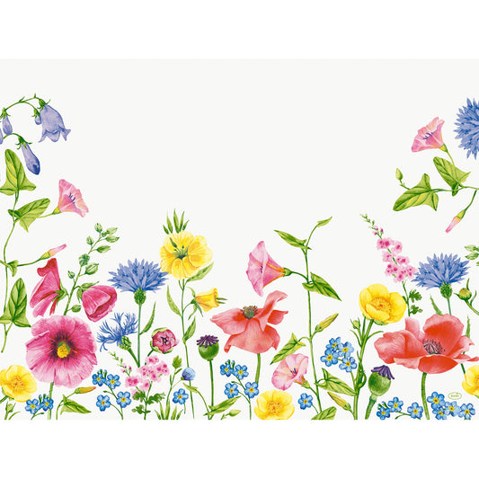 Die Papier-Tischsets 30x40cm Flowy Meadow von Duni GmbH zeigen bezaubernde Illustrationen von rosa, gelben, blauen und roten Wildblumen auf weißem Hintergrund - perfekt, um Farbe in Ihre Tischdekoration zu bringen. Packung (250 Stück).
