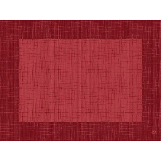 Die Dunicel-Tischsets Bio D-Cel 30 x 40 cm Linnea bordeaux der Duni GmbH zeichnen sich durch ein rotes, rechteckiges Design mit einem helleren roten Zentralquadrat und sich kreuzenden dünnen Linien sowie einem passenden dunkleren roten Rand aus. Biologisch abbaubar. Packung: 100 Stück.