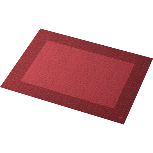 Die Bio-Dunicel-Sets 30x40 Linnea bordeaux der Duni GmbH bestehen aus einem rechteckigen roten Tischset mit strukturierter Optik und dezentem Rand - ideal zur Kombination mit umweltfreundlichen Servietten oder eleganten Tischdecken. Abgebildet auf weißem Hintergrund.