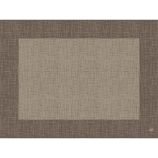 Eine quadratische beigefarbene Fläche mit einer gewebten gitterartigen Struktur, inspiriert von den umweltfreundlichen Bio-Dunicel-Sets 30x40 Linnea greige 100P. | Packung (100 Stück) der Duni GmbH, ist auf einem dunkleren braunen gewebten Hintergrund zentriert.