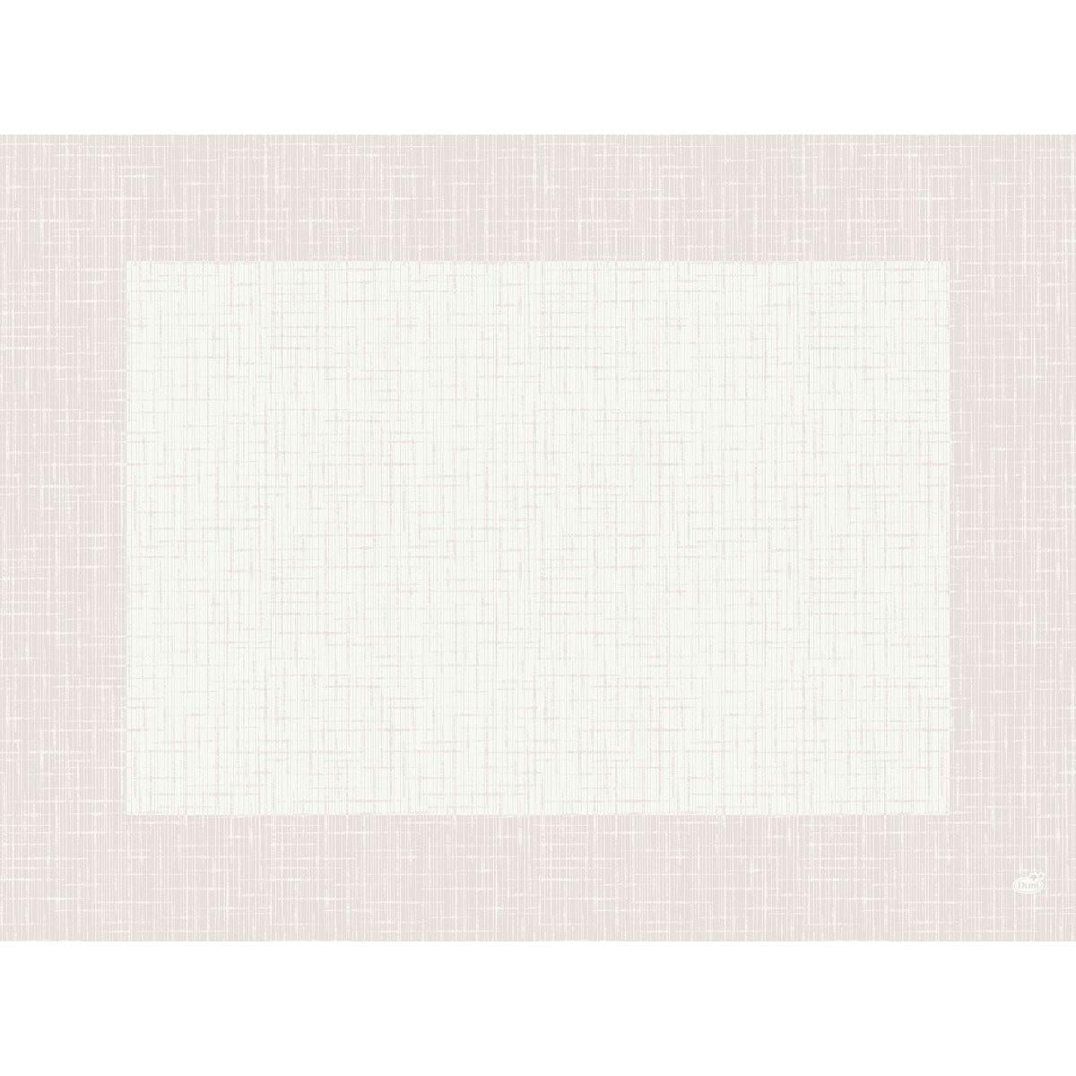 Die quadratische, 30x40cm große Leinwand aus den Bio-Dunicel-Sets "Linnea weiß" (Packung: 100 Stück) der Duni GmbH zeigt ein hellrosa-weißes Kreuzmuster mit breitem Rand - ideal für nachhaltige Tischdekoration. Ein kleines weißes Logo befindet sich in der unteren rechten Ecke.