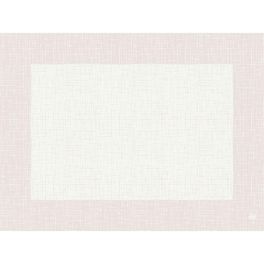 Die quadratische, 30x40cm große Leinwand aus den Bio-Dunicel-Sets "Linnea weiß" (Packung: 100 Stück) der Duni GmbH zeigt ein hellrosa-weißes Kreuzmuster mit breitem Rand - ideal für nachhaltige Tischdekoration. Ein kleines weißes Logo befindet sich in der unteren rechten Ecke.