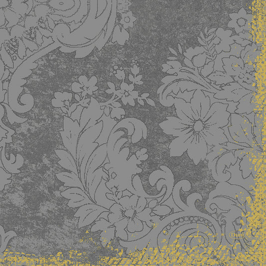 Diese graue, florale Vintage-Tapete zeigt verschnörkelte Blüten und Blätter, akzentuiert mit einer kräftigen gelben Bordüre, inspiriert von Duni GmbH's Zellt.Serv.40x40 Klassik Royal Granitgrau für einen klassischen, zeitlosen Reiz.