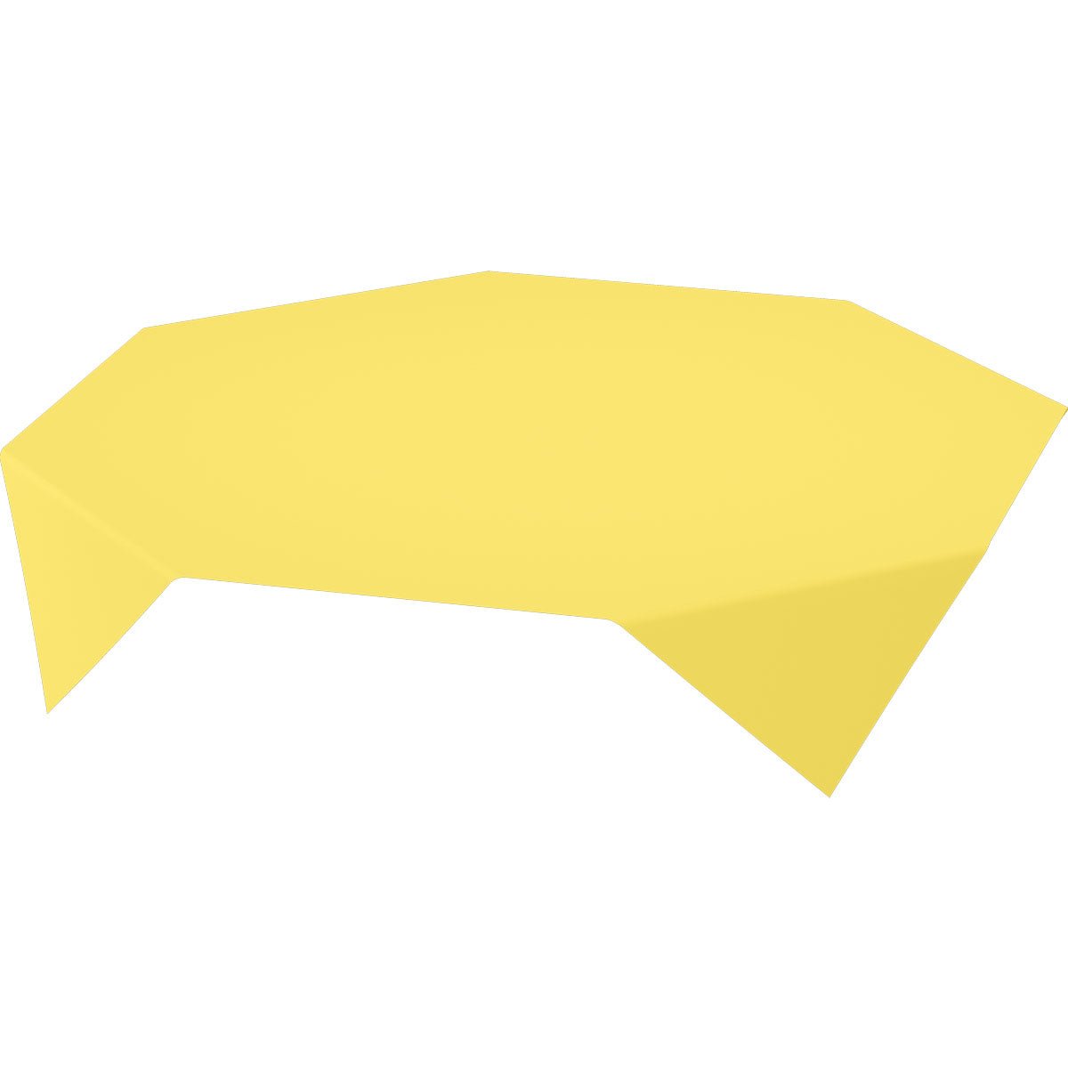 On a white background, there is a yellow, hexagonal table with four legs depicted, which is covered with a Bio-Dunicel table runner 84x84cm yellow from Duni GmbH - high-quality, biodegradable tablecloth (pack of 20 pieces).