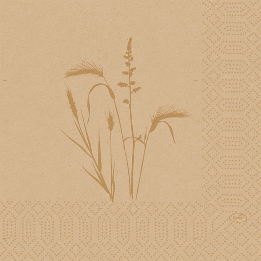 Die Serviette Zellt.-Serv.33 3lg 1/4 Wiese natur von Duni GmbH zeichnet sich durch ein minimalistisches Weizenmuster in der Mitte, einen geometrisch gepunkteten Rand an zwei Seiten und ein kleines "Duni"-Logo in der rechten unteren Ecke aus. Packung (50 Stück).
