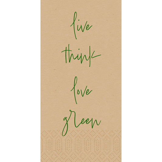 Ein brauner Papierhintergrund mit grünem handgeschriebenem Text "live think love green" hebt Duni GmbH Zell.-Serv.40x40 3lg 1/8 Love green natural umweltfreundliche Servietten (250 Stück) hervor. Am unteren Rand erscheint ein dezentes geometrisches Muster.