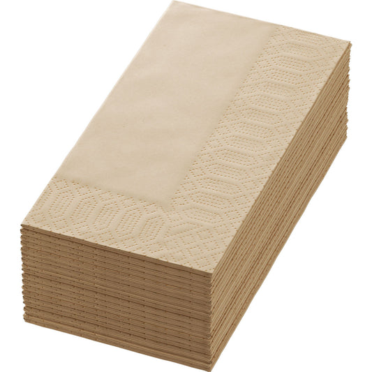 Ein Stapel brauner Zellt.-Serv.40x40 2lg BF. Liebe grüne Naturservietten der Duni GmbH (300 Stück) mit gemustertem Rand, sauber gefaltet - ideal, um Ihrem gedeckten Tisch einen natürlichen Touch zu verleihen.