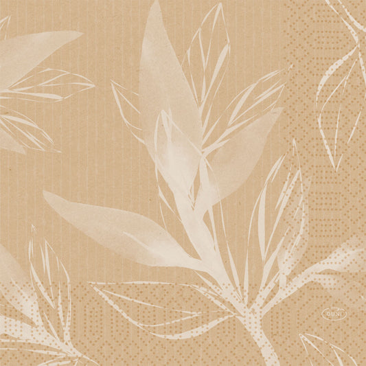 Ein beiger Hintergrund mit dezenten vertikalen Streifen, weißen halbtransparenten Blattmotiven und einem gepunkteten Rand - perfekt für die Präsentation von Duni GmbH Zellt.-Serv.33x33 3lg 1/4 Leaves natural 50P. (Packung mit 50 Stück).