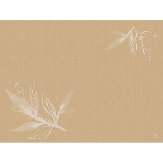 Hellbrauner strukturierter Hintergrund mit zwei halbtransparenten weißen botanischen Illustrationen - unten links und oben rechts. Dieser minimale, natürliche Stil unterstreicht perfekt die Bio-Dunicel-Sets 30x40 Leaves natural | Packung (100 Stück) von Duni GmbH.