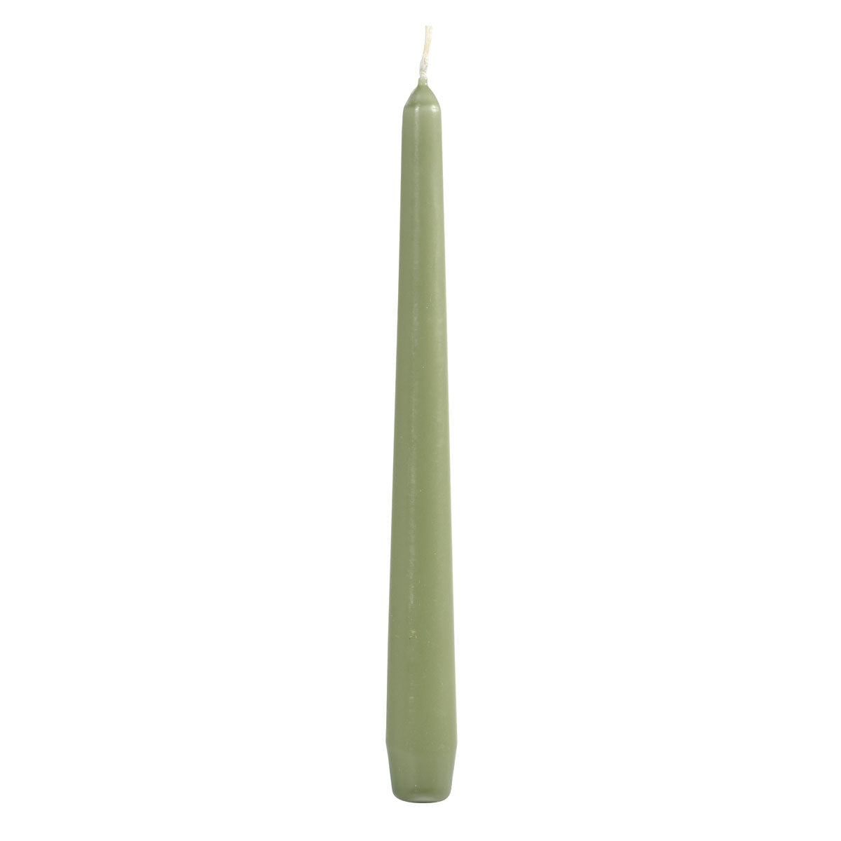 Eine einzelne, unbeleuchtete pistaziengrüne Leuchterkerze (250x22mm) der Duni GmbH aus dem 50er-Pack steht aufrecht auf einem schlichten weißen Hintergrund - ideal für eine elegante Tischdekoration.