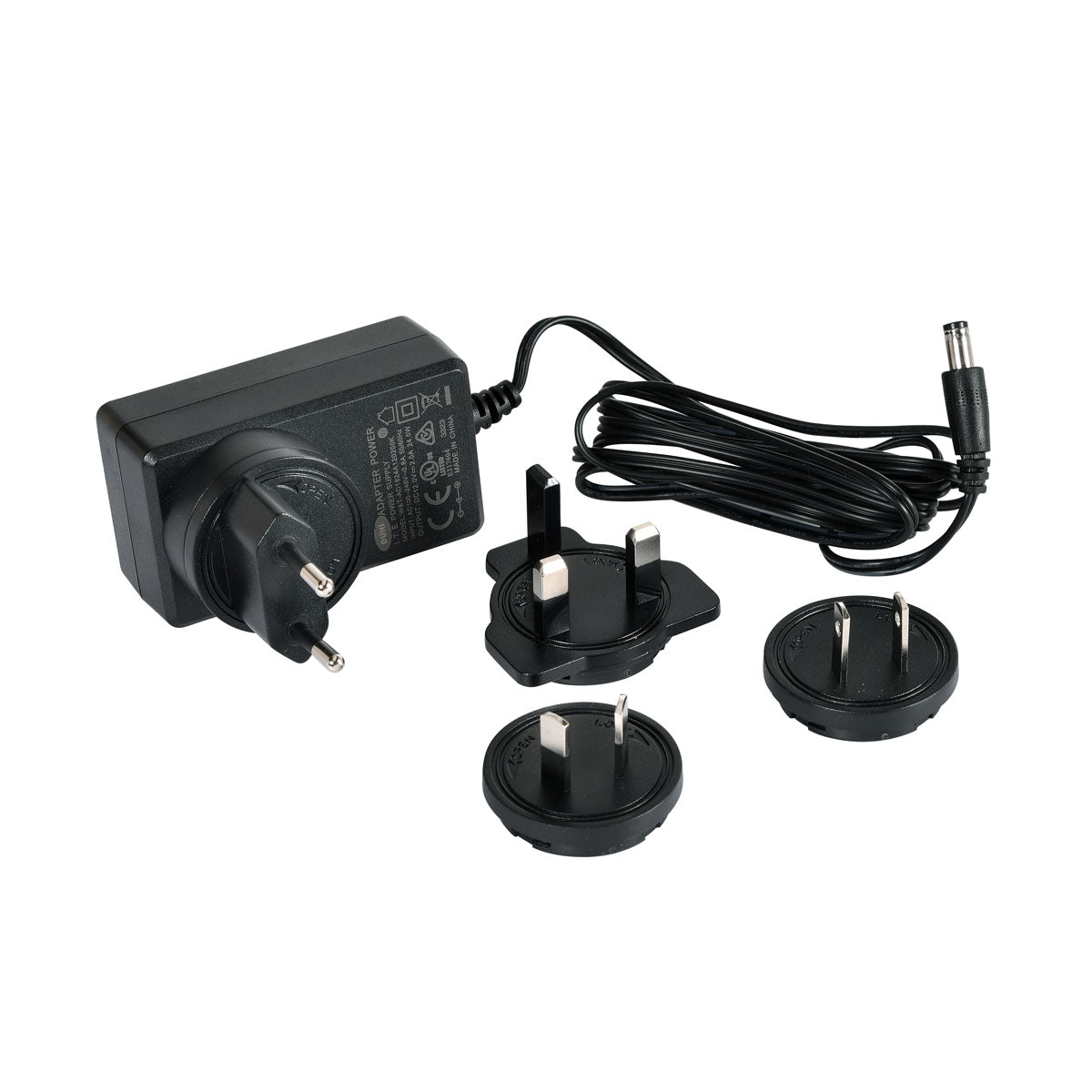Der Duni GmbH Ersatz Adapter für LED-Ladestation 206437 (1 Stück) ist ein schwarzer Stromadapter mit abnehmbarem Kabel und vier austauschbaren Steckern, perfekt als Ersatz oder für Ihre LED-Ladestation. Abgebildet auf weißem Hintergrund.