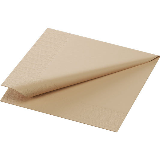 Eine Zellt.-Serv.24x24 2lg. 1/4 F.naturbraun, ungebleicht von Duni GmbH liegt teilweise gefaltet in Beige mit dezent geprägtem Randmuster auf weißem Hintergrund. Packung enthält 300 Stück.
