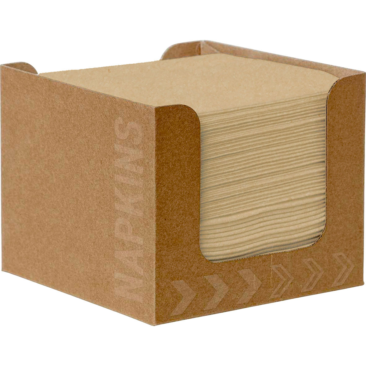 Eine Packung mit 50 naturbraunen Bio-Dunisoft-Servietten 20x20cm der Duni GmbH liegt übersichtlich in einer Serviettenbox, einem quadratischen Pappspender mit dem Aufdruck "NAPKINS" an der Seite.