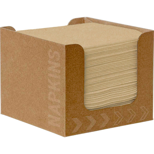 Eine Packung mit 50 naturbraunen Bio-Dunisoft-Servietten 20x20cm der Duni GmbH liegt übersichtlich in einer Serviettenbox, einem quadratischen Pappspender mit dem Aufdruck "NAPKINS" an der Seite.