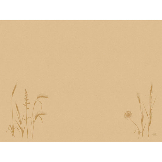 Ein schlichter, hellbrauner Hintergrund mit einfachen Strichzeichnungen von Gräsern und Wildblumen in den unteren Ecken - ideal, um die Bio-Dunicel-Sets 30x40 Meadow natural (100 Stück) der Duni GmbH in einer umweltfreundlichen, minimalistischen Umgebung zu präsentieren.