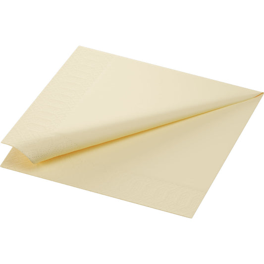 Eine einzelne cremefarbene Zellt.Serv.40x40 3lg. 1/4 Serviette von Duni GmbH (Packung mit 50 Stück), Größe 40x40 cm, ist teilweise gefaltet mit einem strukturierten Rand auf einem einfarbig weißen Hintergrund abgebildet.