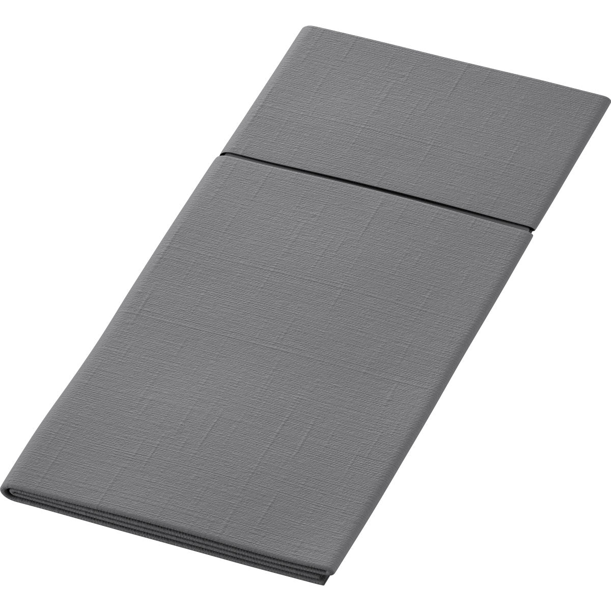 Eine sauber gefaltete, rechteckige graue Duniletto-Slim 40x33cm Stoffserviette der Duni GmbH mit dezentem Strukturmuster auf weißem Hintergrund.