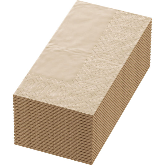 Ein ordentlich gestapelter Stapel Duni GmbH Zellt.-Serv.33x33 3lg 1/8 BF. naturbraune Servietten (250 Stück), jeweils 33x33cm mit gemustertem Rand, wird auf weißem Hintergrund präsentiert.