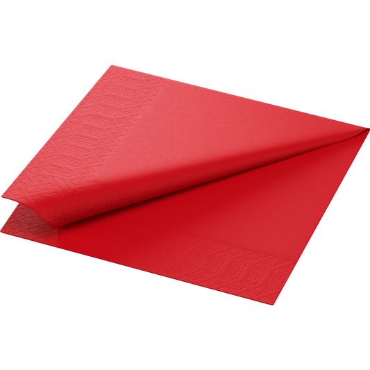 Eine rote Zelltuchserviette der Duni GmbH (33 x 33 cm, 3-lagig, 1/4 Falz) aus einer 250er-Packung wird gefaltet, um die geprägten Ränder hervorzuheben.