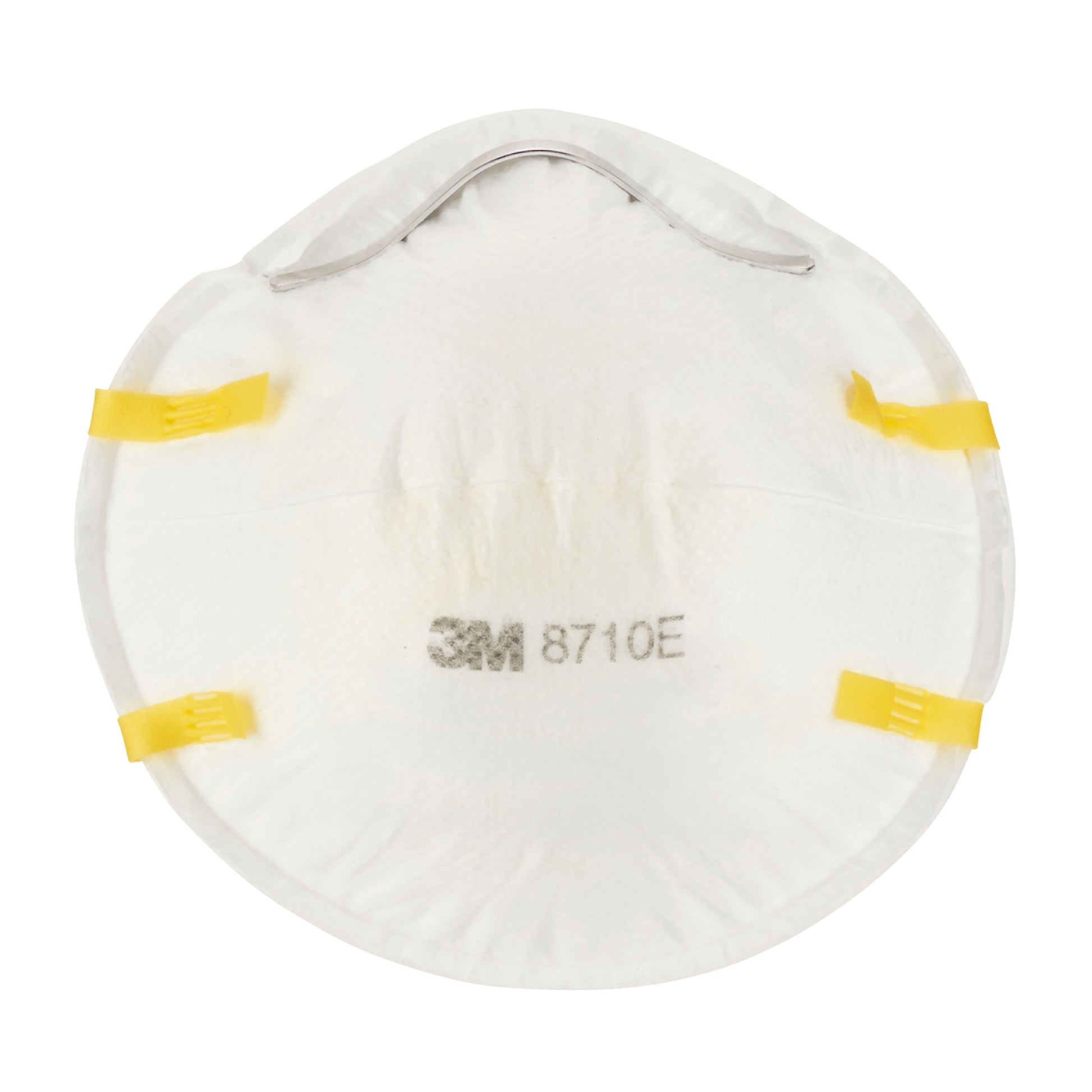 Die 3M™ Partikelmaske 8710E, FFP1, ohne Ventil von 3M Deutschland GmbH, ist in weiß mit gelben elastischen Bändern und einer Metallnasenklammer vor einem einfarbigen Hintergrund abgebildet.