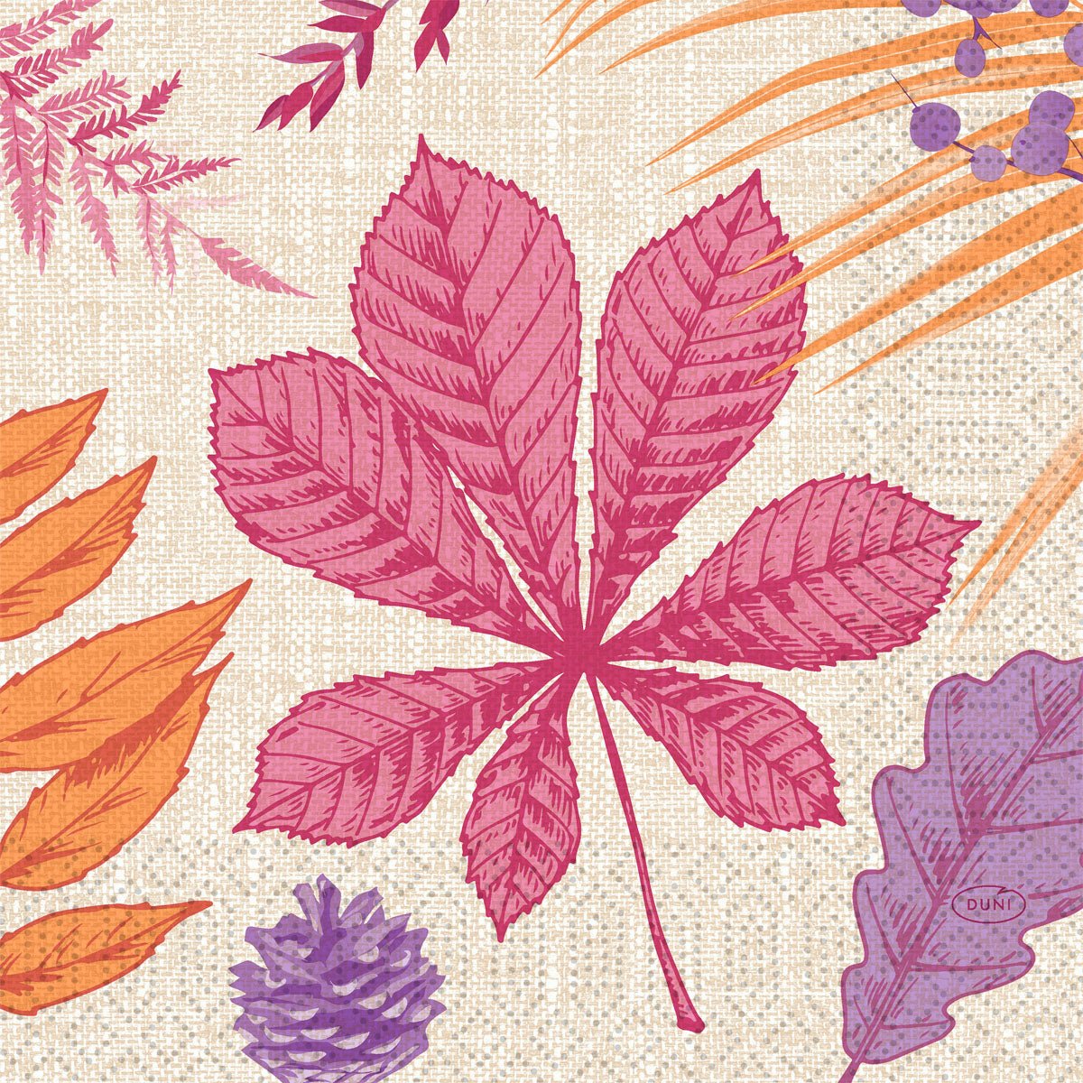 A vibrant digital design on the 33x33 3-ply 1/4 Bright Autumn napkins (250 pieces) from Duni GmbH features pink, orange, and purple leaves, berries, and a pinecone on a beige background. In the center is a large pink leaf with veins—perfect for fall tables.
