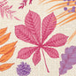 A vibrant digital design on the 33x33 3-ply 1/4 Bright Autumn napkins (250 pieces) from Duni GmbH features pink, orange, and purple leaves, berries, and a pinecone on a beige background. In the center is a large pink leaf with veins—perfect for fall tables.