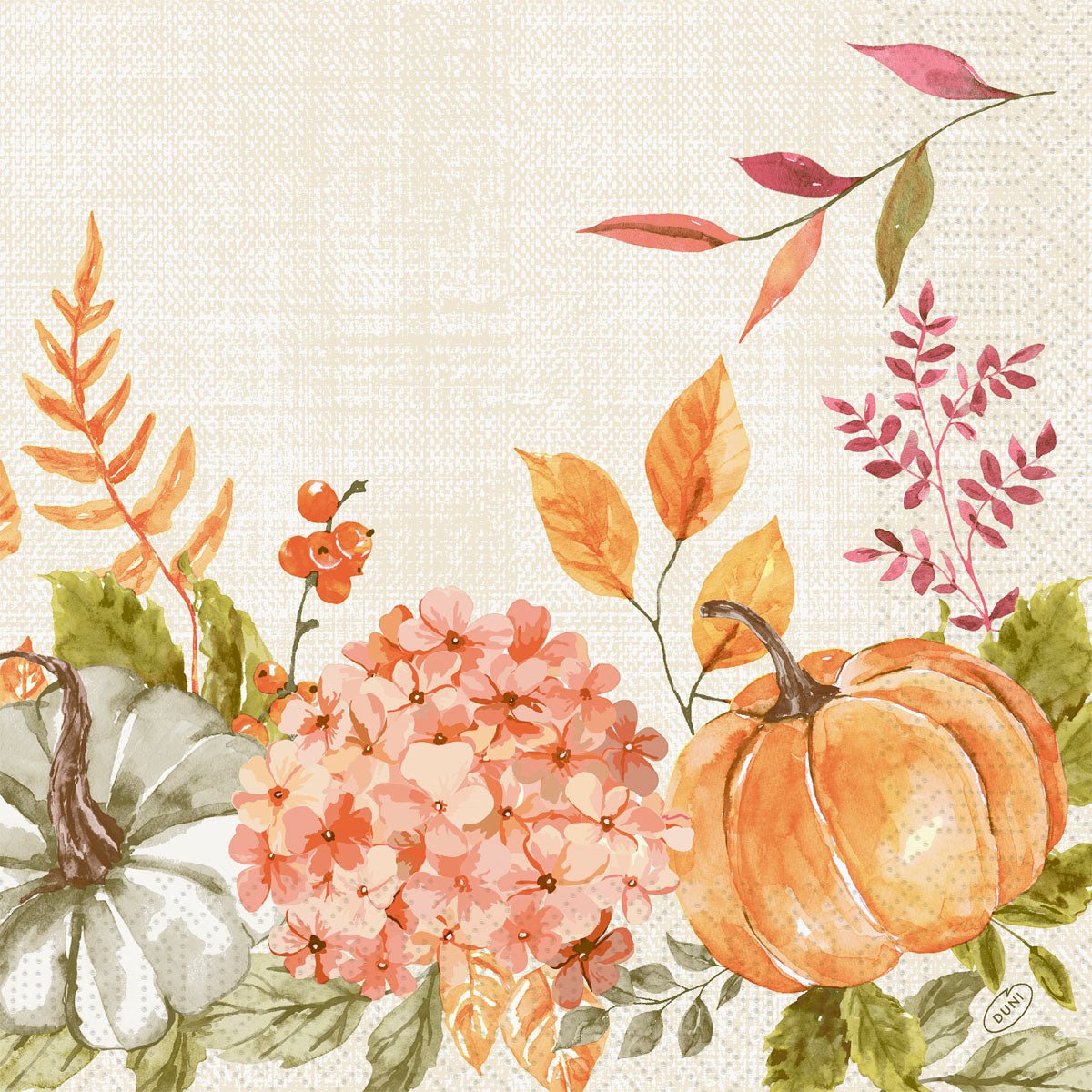 Watercolor-style orange and green pumpkins, "Spicy Pumpkin" shades, pink hydrangeas, and autumn leaves adorn the bottom edge—perfect for Duni GmbH 40x40 3-ply 1/4 "Spicy Pumpkin" (pack of 250) napkins.