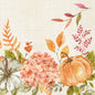 Watercolor-style orange and green pumpkins, "Spicy Pumpkin" shades, pink hydrangeas, and autumn leaves adorn the bottom edge—perfect for Duni GmbH 40x40 3-ply 1/4 "Spicy Pumpkin" (pack of 250) napkins.
