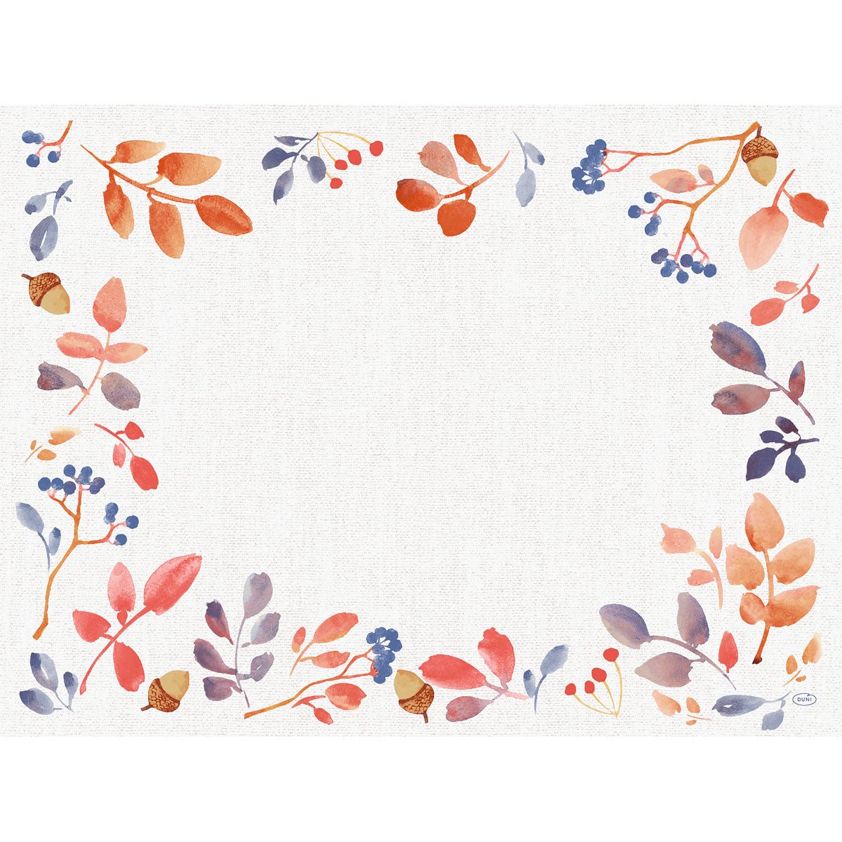A rectangular white background, framed by watercolor-like autumn leaves, berries, and acorns, forms the centerpiece - ideal for the Duni GmbH Bio-Dunicel-Sets 30x40 Autumn Gradient (pack of 100 pieces). The central area is left blank.