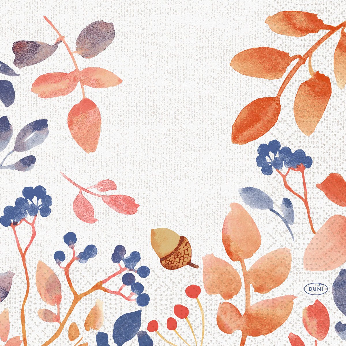 Watercolor-style autumn leaves, berries, and an acorn in orange, red, and blue on textured white. The Duni GmbH logo is located in the lower right corner. Perfect for 33x33 3-ply napkins, 1/4 Autumn Gradient | Pack (250 pieces).