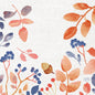 Watercolor-style autumn leaves, berries, and an acorn in orange, red, and blue on textured white. The Duni GmbH logo is located in the lower right corner. Perfect for 33x33 3-ply napkins, 1/4 Autumn Gradient | Pack (250 pieces).