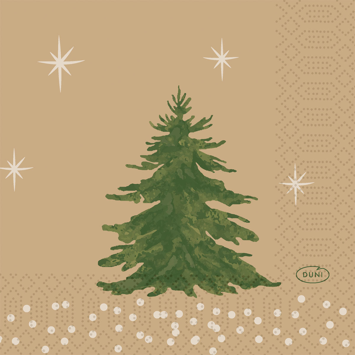 Ein grüner Weihnachtsbaum auf hellbraunem Hintergrund mit weißen Sternen und geometrischen Mustern ziert die Servietten 24x24 3-lagig "Humble Trees" (250 Stück) von Duni GmbH. Das kleine "DUNI"-Logo befindet sich in einem Oval unten rechts, und die Servietten sind umweltfreundlich.