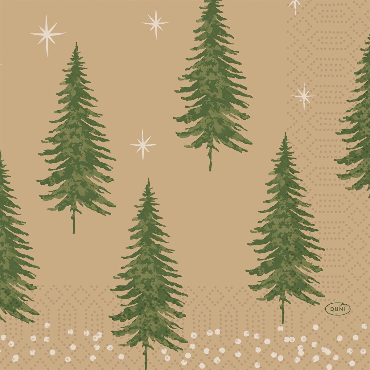 Duni GmbH's 33x33 3-ply "1/4 Humble Trees" napkins feature stylized green trees with white stars and dots on a beige background, plus the word "DUNI" in the lower right corner. The package contains 250 napkins.