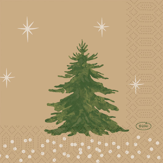 Ein grüner Weihnachtsbaum steht allein auf einem hellbraunen Hintergrund mit weißen Punkten, Sternen und einem kleinen DUNI-Logo. Dieses festliche Design schmückt die Servietten 24x24 3lagig 1/4 Humble Trees der Duni GmbH - perfekt für Festtage. Packung: 50 Stück.