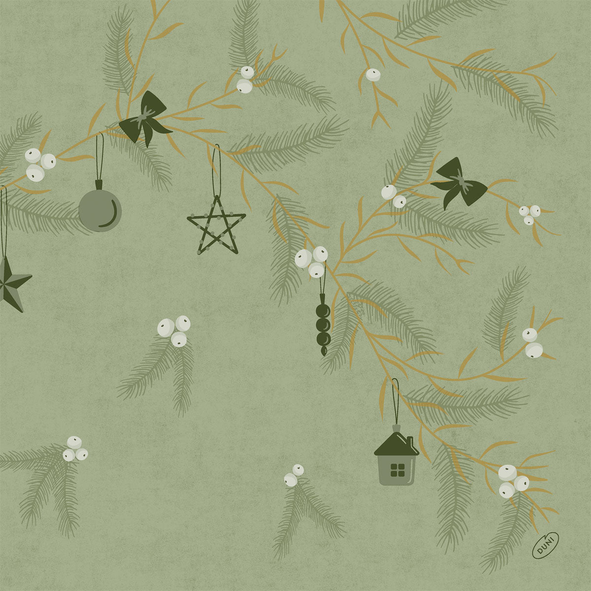 Illustration von Tannenzweigen mit weißen Beeren und dunkelgrünen Ornamenten auf grünem, strukturiertem Hintergrund, mit Bio-Dunisoft-Servietten 40x40cm von Duni GmbH als Teil der festlichen Dekoration.