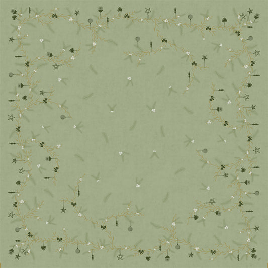 Hellgrüne quadratische Bio-Dunicel-Mitteldecke 84x84cm Noel pistazie von Duni GmbH, mit goldener Zweigbordüre, weißen Blüten, grünen Ornamenten und zarten Blättern - ideal für eine umweltfreundliche weihnachtliche Tischdekoration. Packung mit 20 Stück.
