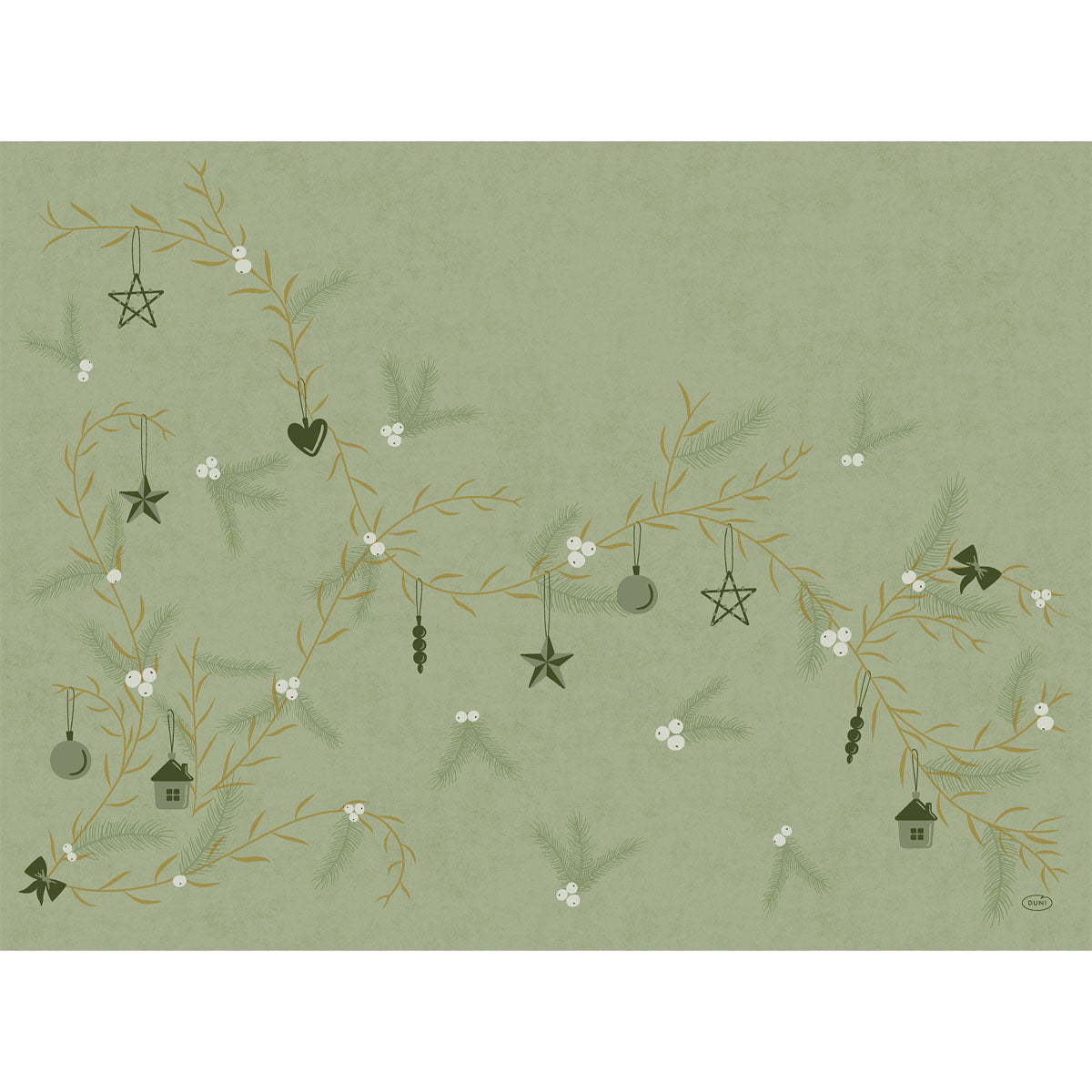 Die Bio-Dunicel-Sets 30x40 Noel pistazie der Duni GmbH zeigen dekorative Zweige mit Ornamenten, Sternen, Herzen, Vogelhäuschen und weißen Beeren auf einem gedeckten grünen Hintergrund - perfekt für eine elegante, nachhaltige Tafel. Packung (100 Stück).