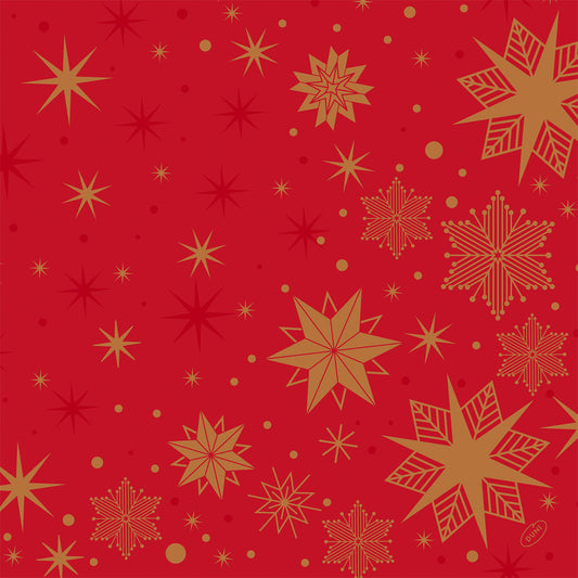Ein leuchtend roter Hintergrund mit goldenen geometrischen Schneeflocken, Sternen und kleinen roten Punkten schafft einen festlichen Look - perfekt für Dunilin-Servietten 40x40cm von Duni GmbH. Verschlungene Muster verleihen jeder Feier Eleganz.