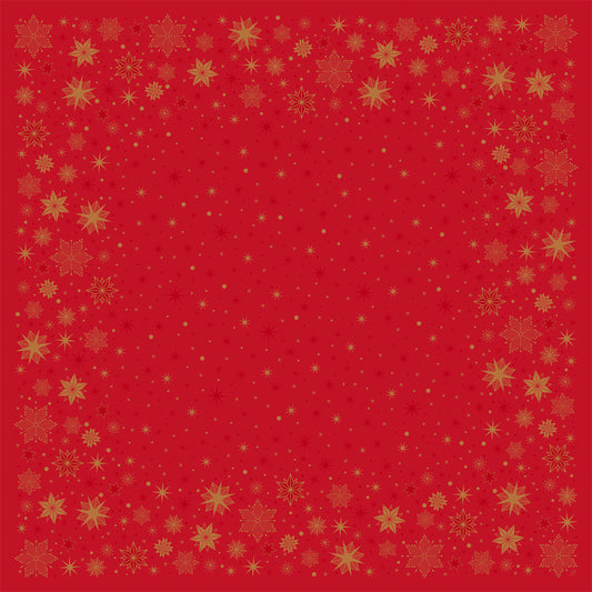Die Bio-Dunicel-Mitteldecke 84x84cm Stargazing red von Duni GmbH hat einen roten Hintergrund mit goldenen Schneeflocken- und Sternenbordüren, die für einen festlichen Weihnachtslook sorgen. Die Packung enthält 20 nachhaltige Tischdecken für charmante Feste.