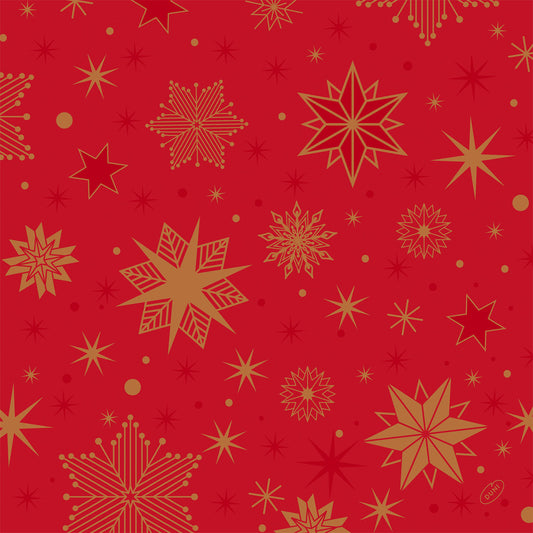 Die Duni GmbH Servietten 40x40 4-lagig Klassik Stargazing rot (Packung 50 Stück) haben einen festlichen roten Hintergrund mit gold-gelben Sternen und Schneeflocken in verschiedenen Größen - perfekt für Feste.