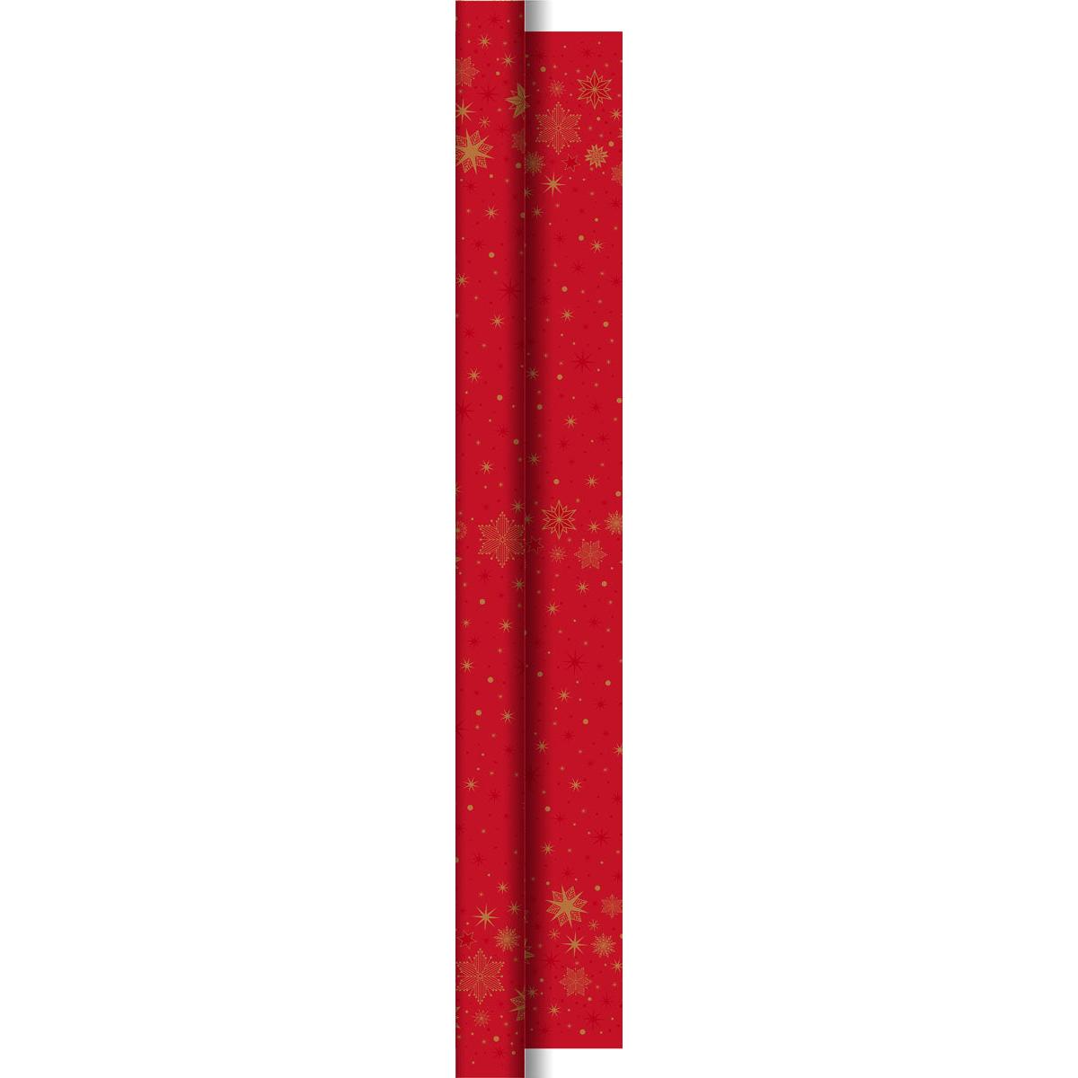 Zwei vertikale Dunicel-Rollen 25x1,18m Star Stargazing rot von Duni GmbH, jeweils mit goldenen Schneeflocken und Sternen auf rotem Hintergrund - ideal für festliche Tischdekoration. Die Packung enthält 1 Stück.
