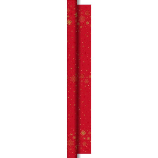 Zwei vertikale Dunicel-Rollen 25x1,18m Star Stargazing rot von Duni GmbH, jeweils mit goldenen Schneeflocken und Sternen auf rotem Hintergrund - ideal für festliche Tischdekoration. Die Packung enthält 1 Stück.